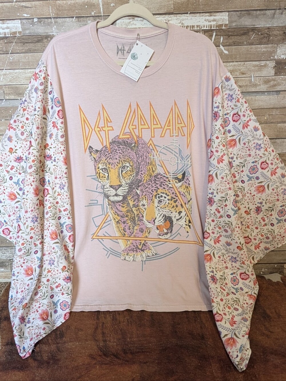 Def Leppard Graphic W Boho Floral Bat Winged Sleeves